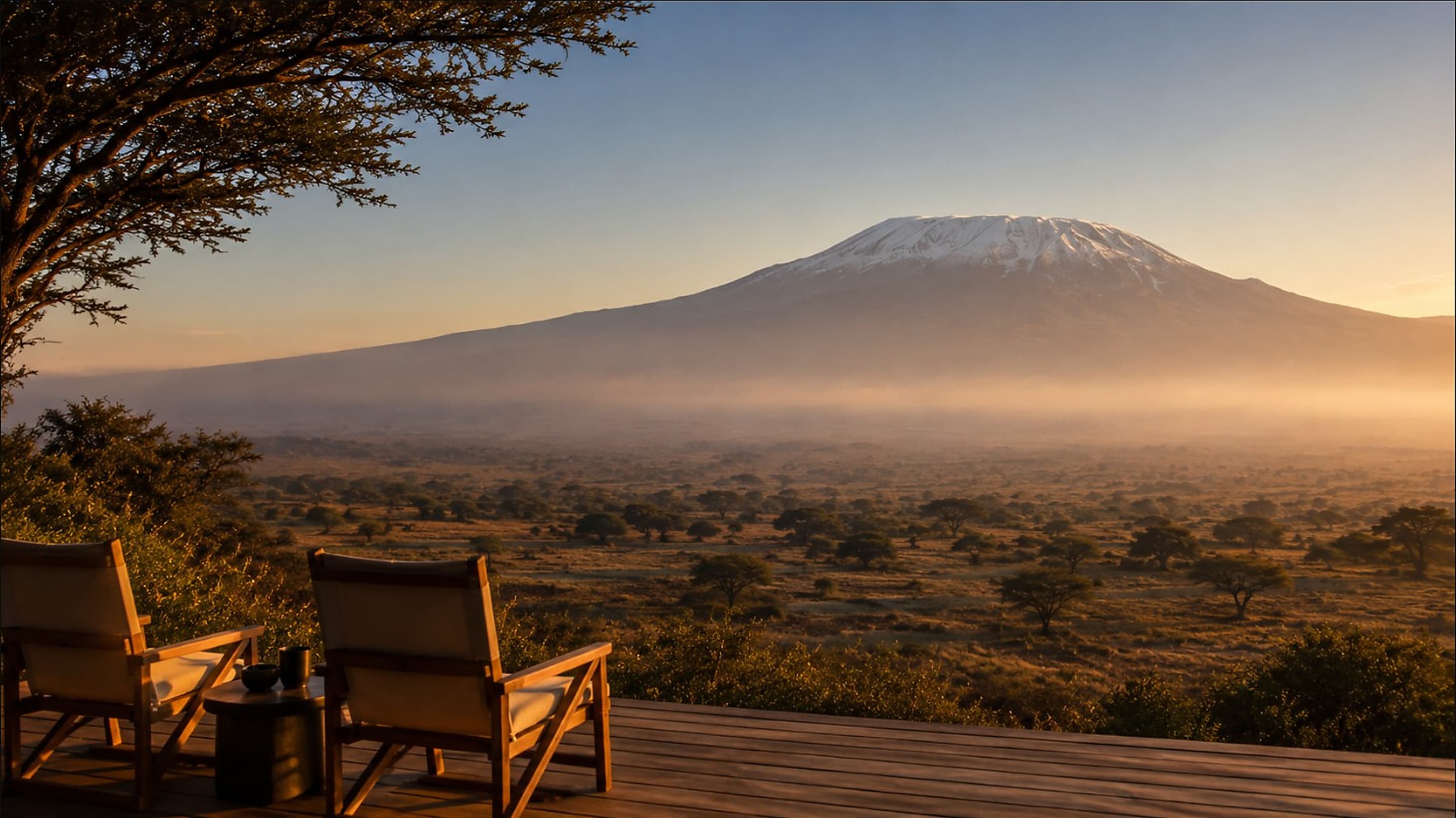 Safari lodge terrace looking toward Mount Kilimanjaro